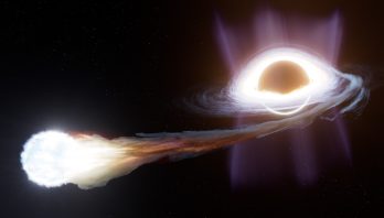 An illustration of a star being torn apart by a black hole. To the right of center, there is a black sphere representing a black hole, surrounded by many thick wisps of light. To the left of it, there is a fuzzy, bright white object representing a star. The star has a tail of gas coming off its right, which is brightest near the star, but becomes grayer further away. This tail flows into the black hole’s right side and swirls around the black hole in a horizontal disk. The disk is thicker toward its center and more diffuse farther away. Material in the disk also appears to wrap around the top of the black hole. Above and below the black hole, there are purple rays of light that extend upward and downward in two broad cones. This scene sits amid a black backdrop of space with many dim, white stars in the background.