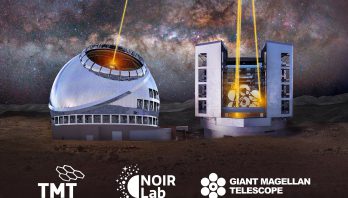 Illustration of 2 large telescopes side by side with yellow laser lines coming out of them. the Logos of TMT NOIRLab and GMT are on the bottom of the image.