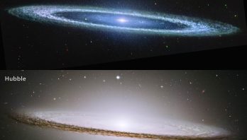 A two panel image. The top image is Webb’s view of the Sombrero galaxy, the bottom image is Hubble’s view. In the Webb view, the galaxy is a very oblong, blue disk that extends from left to right at an angle (from about 10 o’clock to 5 o’clock). The galaxy has a small bright core at the center. There is clear inner disk that has speckles of stars scattered throughout. The outer disk of the galaxy is whiteish-blue, and clumpy, like clouds in the sky. In the Hubble view, the galaxy is an oblong, pale white disk with a glowing core over the inner disk. The outer disk is darker and clumpy.